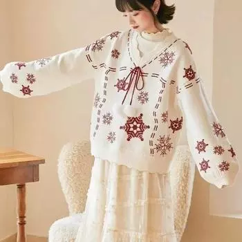 Пуловер, свитер, рождественский снежинка с v-образным вырезом, повседневный трикотаж, женские зимние свободные милые женские топы с длинными рукавами