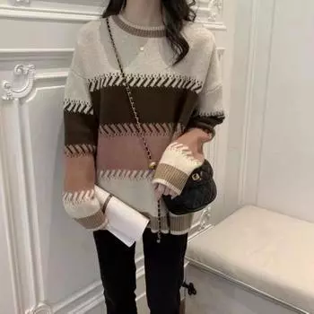 Пуловер, свитер с круглым вырезом, женский свитер 2023, осень и зима, корейская версия, свободный трикотаж, мягкий восковой свитер в полоску, топ