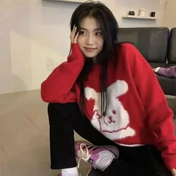 Пуловер, свитер с рисунком маленького белого кролика, свободный свитер с напуском, повседневный зимний зимний свободный свитер с круглым вырезом и длинными рукавами, женский пуловер