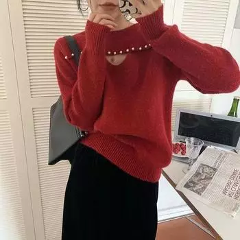 Пуловер-свитер с темпераментной нишей, полый жемчужный блестящий свободный и тонкий универсальный пуловер с длинными рукавами One Size чёрный