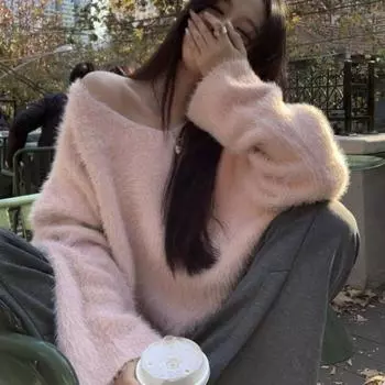 Пуловер, свитер с v-образным вырезом для женщин, осень-зима 2022, нежный и свободный, мягкий восковой вязаный свитер, женский топ One Size розовый