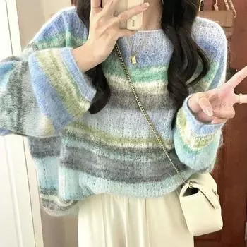 Пуловер, свитер, свободный сетчатый свитер во французском ленивом стиле, осень/зима, новый пуловер в полоску, свитер с длинными рукавами, женский топ One Size розовый