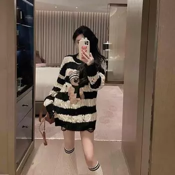 Пуловер, свитер в полоску с медведем, женский свитер в Корейском стиле, осень-зима 2022, повседневный пуловер с круглым вырезом, женские топы One Size чёрный