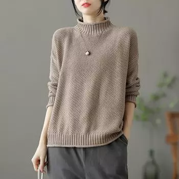Пуловер, свитер, винтажный трикотаж с высоким воротником и длинными рукавами, женский однотонный повседневный осенне-зимний новый свободный свитер One Size чёрный
