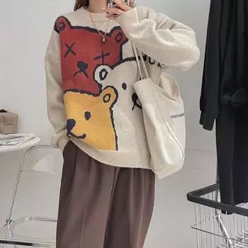 Пуловер-свитер женский 2023, свободный повседневный женский топ с круглым вырезом и длинными рукавами с героями мультфильмов