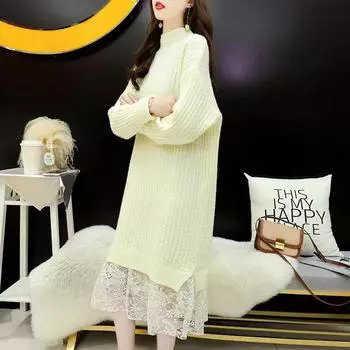 Пуловер, свитер, женский кружевной французский свитер с половиной воротника, вязаное платье из двух частей, свитер с длинными рукавами, пуловер, женское платье One Size чёрный