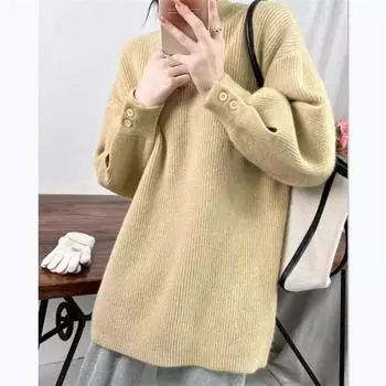 Пуловер свитер женский осень и зима новый корейский вариант однотонный ленивый стиль свободный дизайн круглый вырез универсальный вязаный свитер топ One size фиолетовый