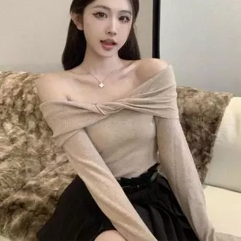 Пуловер, свитер, женский осенний дизайн, топ с длинными рукавами и узлом, женский однотонный вязаный свитер с открытыми плечами, женский пуловер с подкладкой