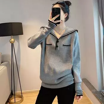 Пуловер, свитер, женский осенний модный универсальный повседневный простой топ, темно-синий воротник, корейский пуловер с длинными рукавами, трикотаж, свитер One Size серый