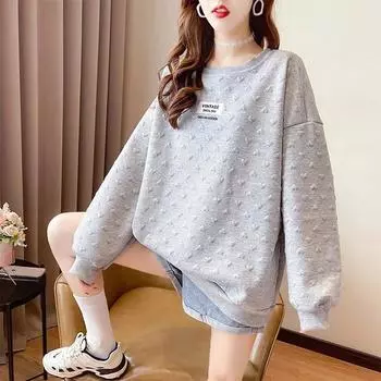 Пуловер свитер женский свитер осень большой размер длинный рукав свободный свитер круглый вырез повседневный баска топ L розовый