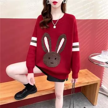 Пуловер, свитер, женский свитер с рисунком кролика, зима 2022, новый модный вязаный свободный женский осенне-зимний свитер, женский One Size красный