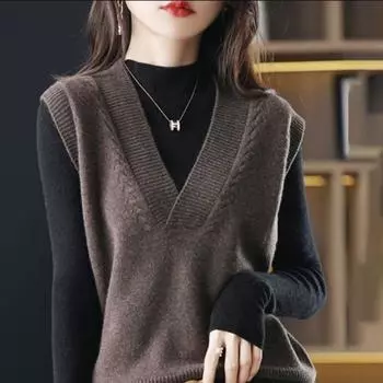 Пуловер-свитер-жилет, новинка 2022 года, женский модный вязаный жилет, женская однотонная короткая куртка с v-образным вырезом, покрытая свитером, женская майка One Size верблюд