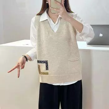 Пуловер, свитер, жилет с v-образным вырезом для женщин, весенняя одежда 2023, пуловер зарубежного дизайна, жилет без рукавов, вязаный женский топ One Size бежевый