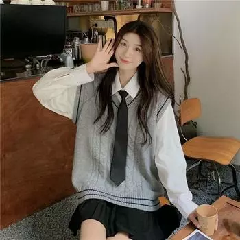 Пуловер Свитер Жилет Весенне-осенний отдел соли Fried Dough Twists Трикотажные женские топы с V-образным вырезом One Size серый