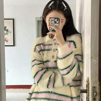 Пуловер, свободный повседневный тонкий контрастный вязаный свитер, новый женский свитер в полоску с длинными рукавами и круглым вырезом One Size бежевый