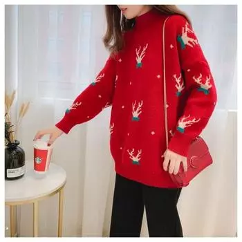Пуловер, свободный рождественский свитер с половиной высоким воротом, женский повседневный модный универсальный пуловер с длинными рукавами, женский свитер One Size чёрный