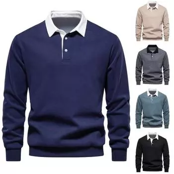 Пуловер Толстовка с пуговицами на лацканах Половина планки Лоскутная цветная эластичная подол Повседневная футболка L темно-синий