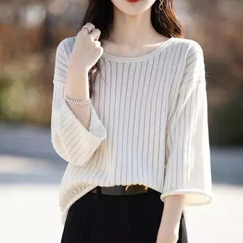 Пуловер Трикотажная футболка Летняя женская футболка Крутой трикотажный свитер Свободный рукав три четверти XXL зелёный