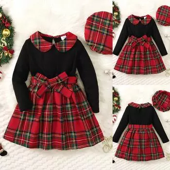 Пуловер в клетку с длинными рукавами и бантом для девочек, клетчатое платье принцессы, милые осенние платья 5-6 Years чёрный