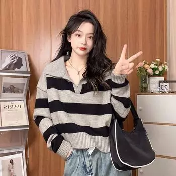 Пуловер в ленивый полосатый свитер, женский осенний нежный мягкий клейкий трикотаж, универсальный свитер с короткими рукавами и длинными рукавами, женский пуловер One Size чёрный
