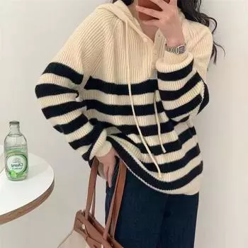 Пуловер в полоску с капюшоном, женский свитер с напуском, нежный трикотаж, осенний новый свободный модный повседневный пуловер, женский свитер One Size чёрный