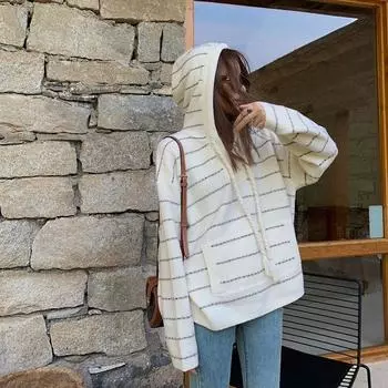 Пуловер в полоску, свободный трикотаж с длинными рукавами и капюшоном, женский осень 2023, повседневный новый универсальный тонкий свитер, пуловер с длинными рукавами, топ One Size белый