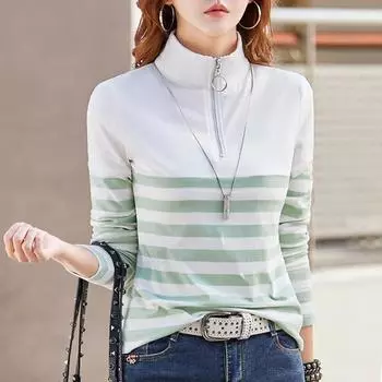 Пуловер в полоску, женская винтажная футболка на молнии, осенняя корейская мода, повседневные хлопковые женские топы с длинными рукавами, футболки XXXL кофейный