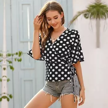 Пуловер в стиле ретро с v-образным вырезом, рубашка в горошек, летняя цельная рубашка с расклешенными рукавами S