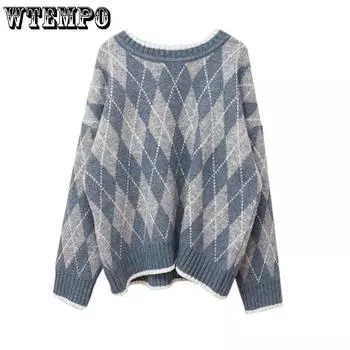 Пуловер в стиле ретро, женский свитер на весну и осень во французском ленивом стиле, свободный клетчатый свитер Мори в студенческом стиле, свитер XL синий