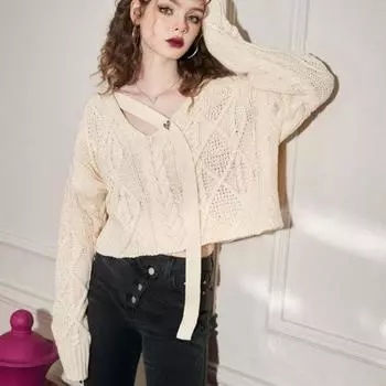 Пуловер весенне-осенний вязаный свитер с v-образным вырезом для женщин, осень-зима 2023, свободный маленький дизайнерский свитер, женский топ