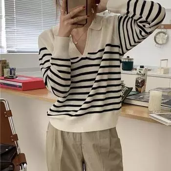 Пуловер весенне-осенний женский вязаный пуловер в полоску с v-образным вырезом и длинными рукавами, свободный ароматный и универсальный пуловер-свитер