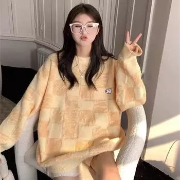 Пуловер, винтажный клетчатый свитер с щенком для женщин, осенне-зимний свободный повседневный свитер с круглым вырезом и длинными рукавами для влюбленных