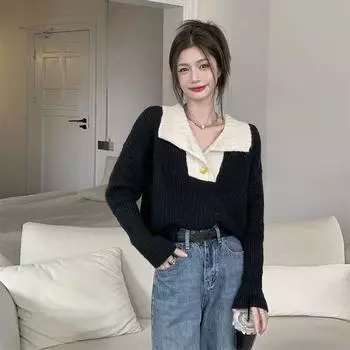 Пуловер вязаный свитер женский осенне-зимний винтажный повседневный корейский нежный мягкий свитер с длинными рукавами женский пуловер One Size чёрный