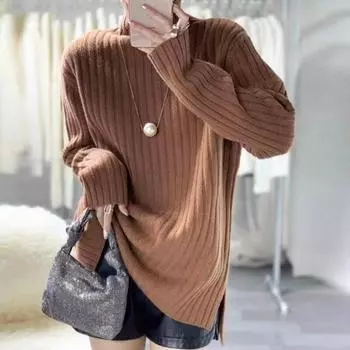 Пуловер, вязаный свободный однотонный свитер с высоким воротником, осеннее и зимнее повседневное пальто с длинными рукавами, женские топы