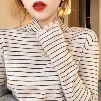 Пуловер женский бархатный полуводолазка в полоску, рубашка женская с длинным рукавом, универсальная One Size чёрный