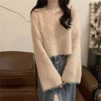 Пуловер женский осенне-зимний трикотаж из искусственной норковой шерсти, женский дизайн, свитер с v-образным вырезом и подкладкой, пуловер, топ One Size чёрный