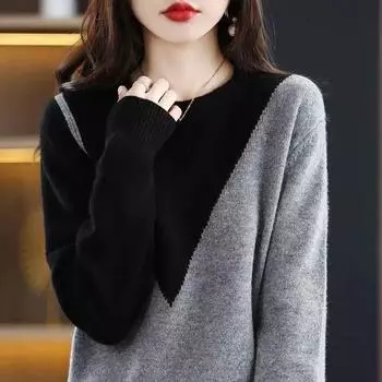 Пуловер, женский осенне-зимний вязаный топ с цветными блоками, женский однотонный повседневный свитер с круглым вырезом, женский One Size зелёный