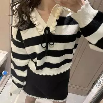 Пуловер, женский полосатый свитер, верхняя одежда, зимний мягкий клейкий японский вязаный свитер с длинными рукавами в стиле ретро, пуловер One Size чёрный