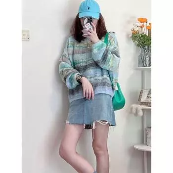 Пуловер, женский свитер 2022, мягкий трикотаж из мохера в восковую полоску, женский весенне-осенний свободный свитер, художественный свитер, пуловер One Size небесно-голубой