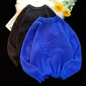 Пуловер, женский свитер 2023, женский свитер Love на осень и зиму, свободный круглый вырез, универсальный трикотаж в ленивом стиле, топ One Size чёрный