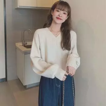Пуловер, женский свитер на осень и зиму 2022, свитер с v-образным вырезом, свободный вязаный повседневный однотонный женский топ с длинными рукавами
