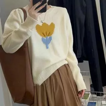 Пуловер, женский свитер на осень и зиму с вышивкой в стиле ретро, лесной дизайн, повседневный вязаный свитер с круглым вырезом, женский One Size серый