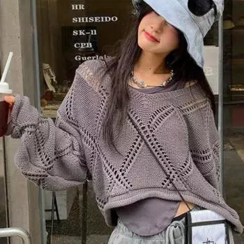 Пуловер, женский свитер на раннюю осень, ромбовидный полый трикотаж, тонкий дизайн, с круглым вырезом, с длинными рукавами, однотонный повседневный свитер, топ One Size серый