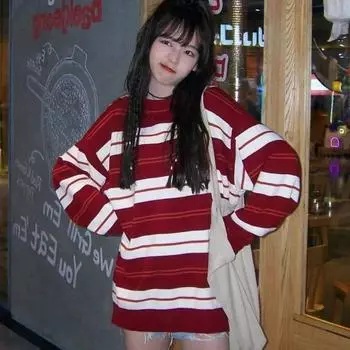 Пуловер, женский свитер на весну и осень 2023, верхняя одежда, новый свободный свитер с круглым вырезом и длинными рукавами, красный полосатый свитер, пуловер, женский топ