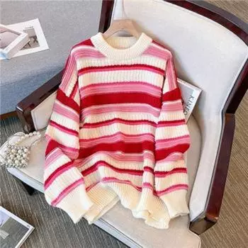 Пуловер, женский свитер, осень 2023, свободный круглый вырез, дизайн, в полоску, с телесным покрытием, вязаный свитер, пуловер, женские топы One Size синий