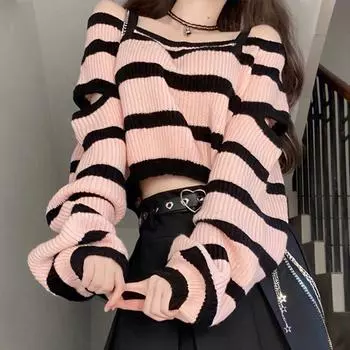 Пуловер, женский свитер с открытыми плечами, розовая полоска с круглым вырезом, свитер с длинными рукавами на подтяжках, вязаный свитер женский