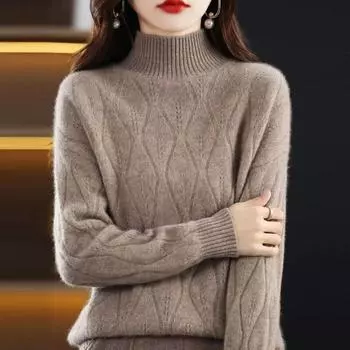 Пуловер, женский свитер с высоким воротником, осенне-зимний свободный универсальный вязаный свитер с длинными рукавами, женский пуловер