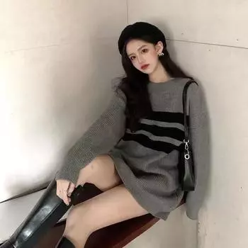 Пуловер, женский свитер средней длины, свободный полосатый свитер с напуском, зима 2022, повседневный свитер с круглым вырезом и длинными рукавами One Size чёрный