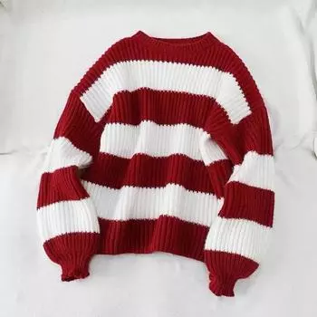 Пуловер, женский свитер в полоску на весну и осень, модный контрастный пуловер с напуском, трикотаж, свитер с объемными рукавами, топ One Size чёрный