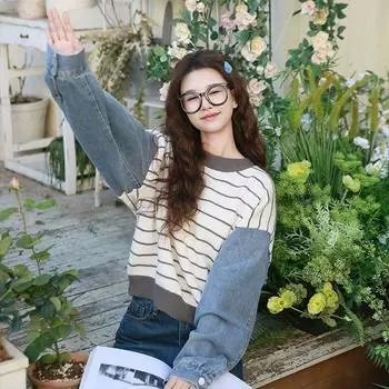 Пуловер, женский свитер, весна 2023, джинсовый свободный свитер со сращенными рукавами, женский топ, вязаный свитер в маленькую полоску, женский пуловер One Size бежевый